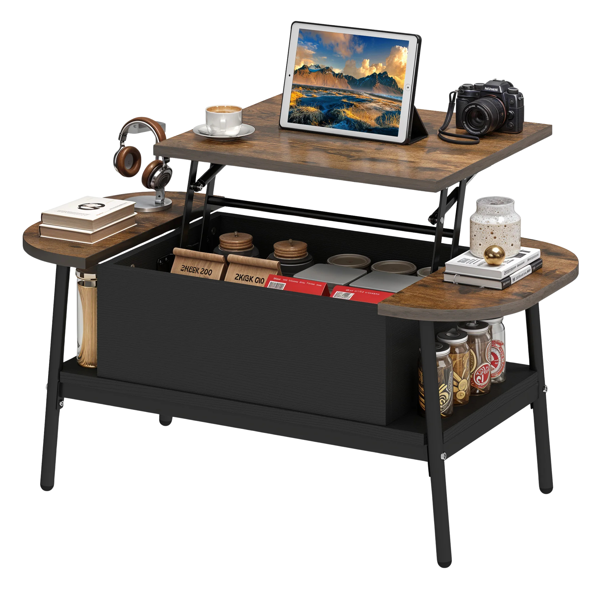 Table basse organique relevable avec rangement