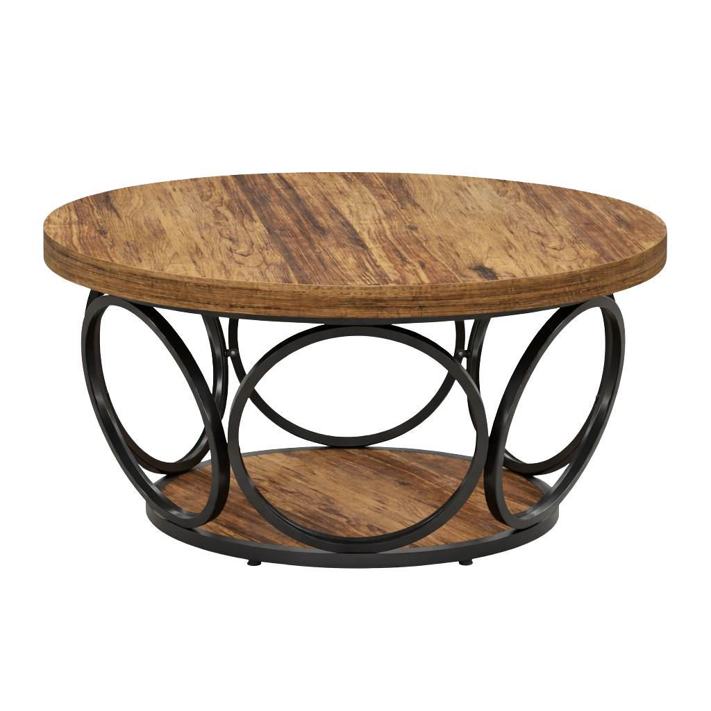 Table basse ronde bois avec rangement à 2 niveaux au style rustique