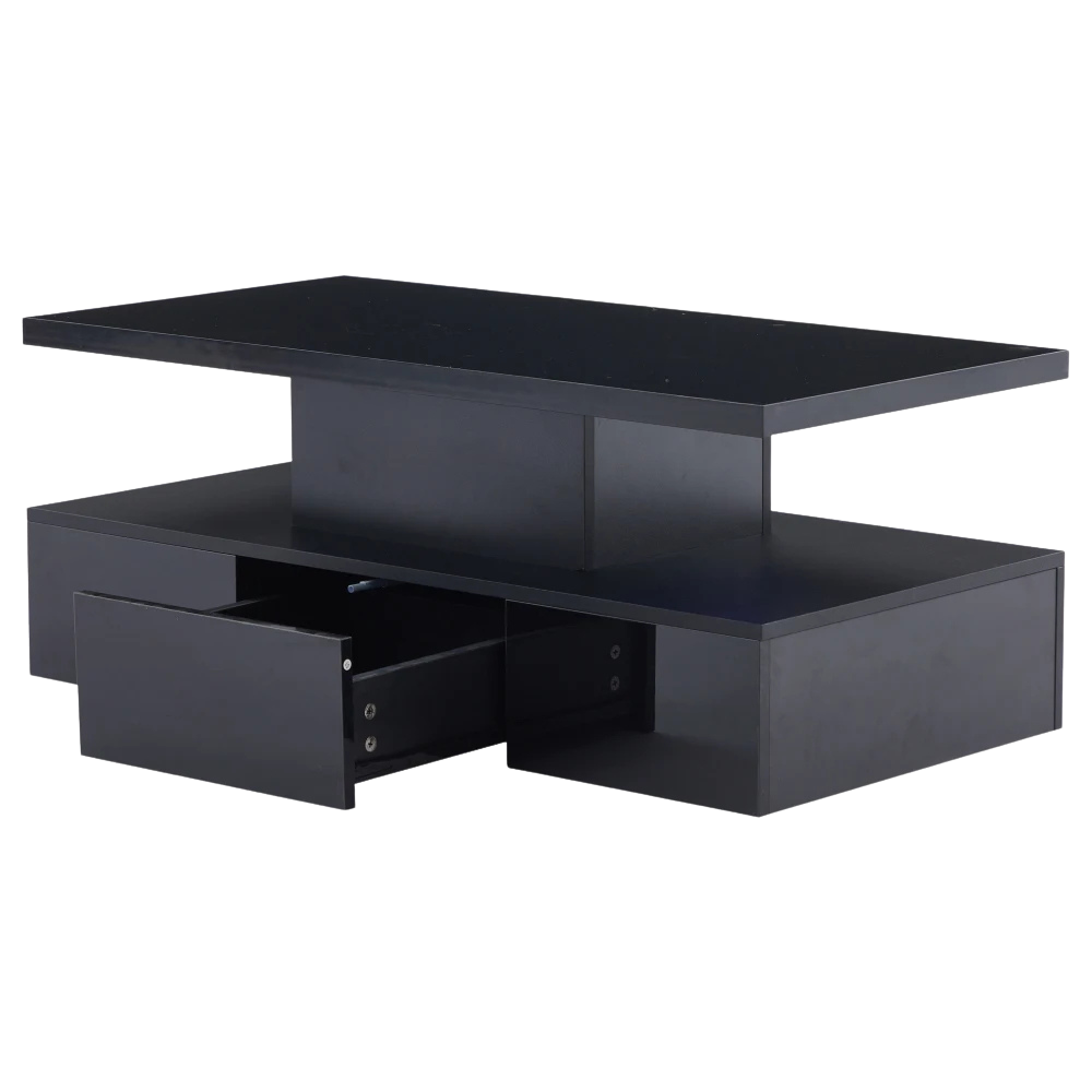 Table basse rectangulaire noire à double plateau avec LED et rangement