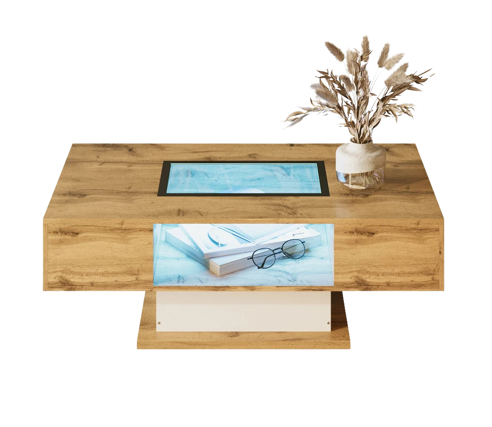 Table basse bois et verre moderne avec LED et rangements