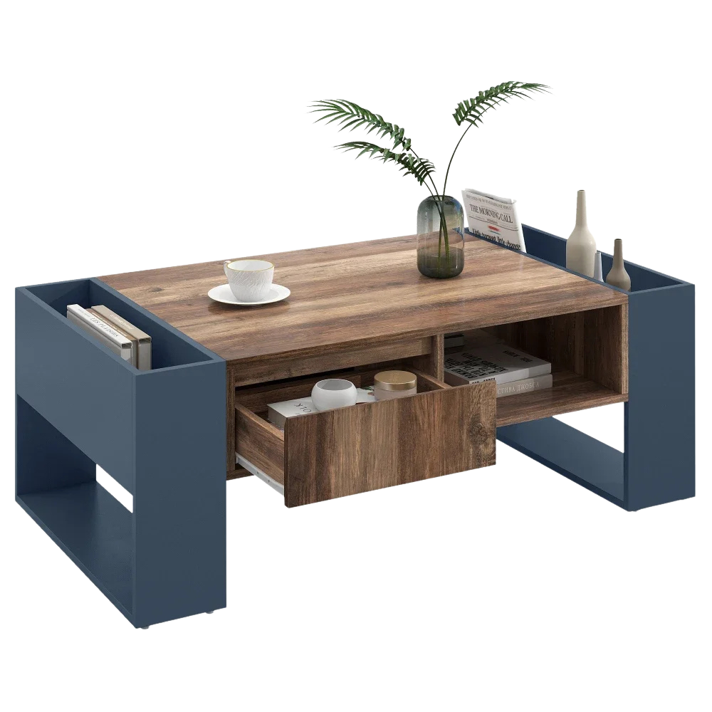Table basse moderne bois et bleu profond avec rangement