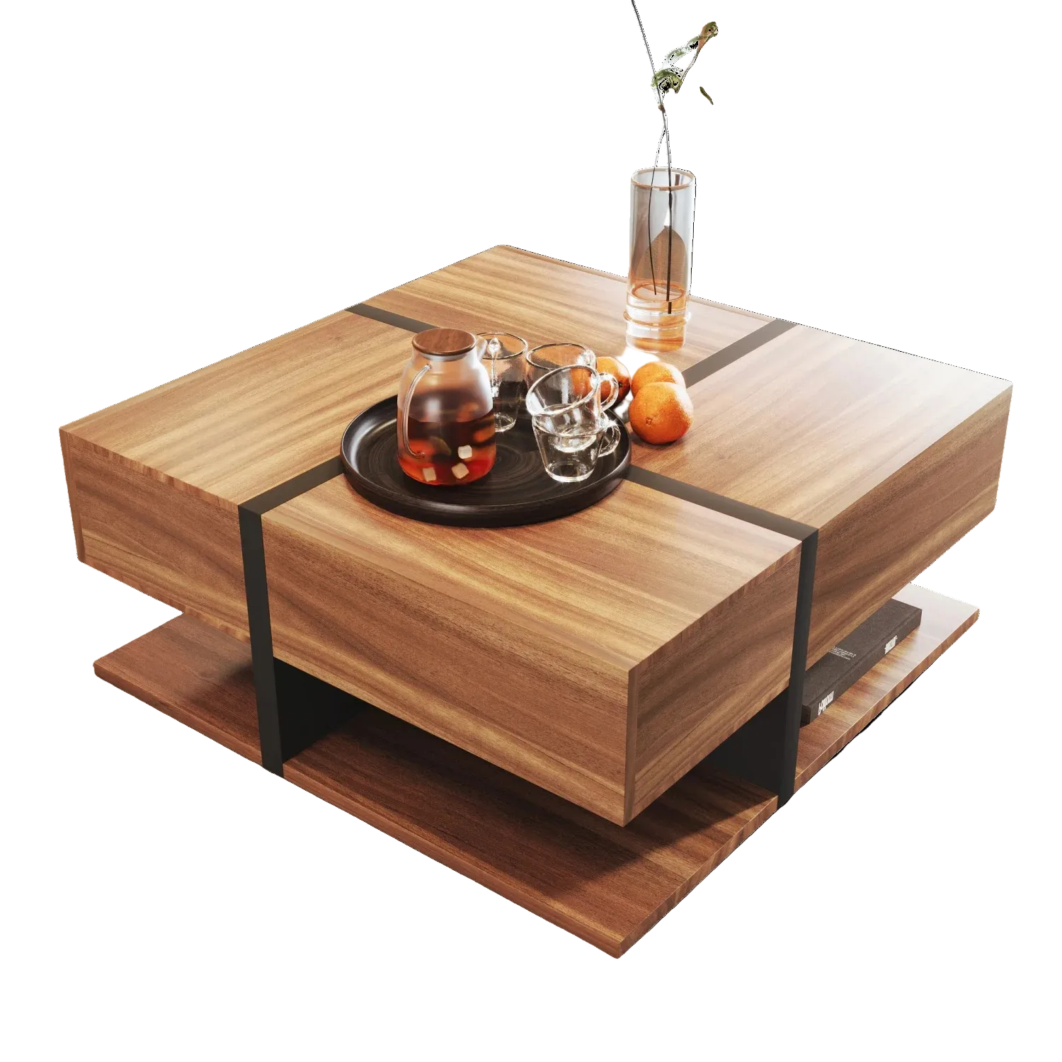 Table basse carrée bois et noir avec tiroirs de rangement