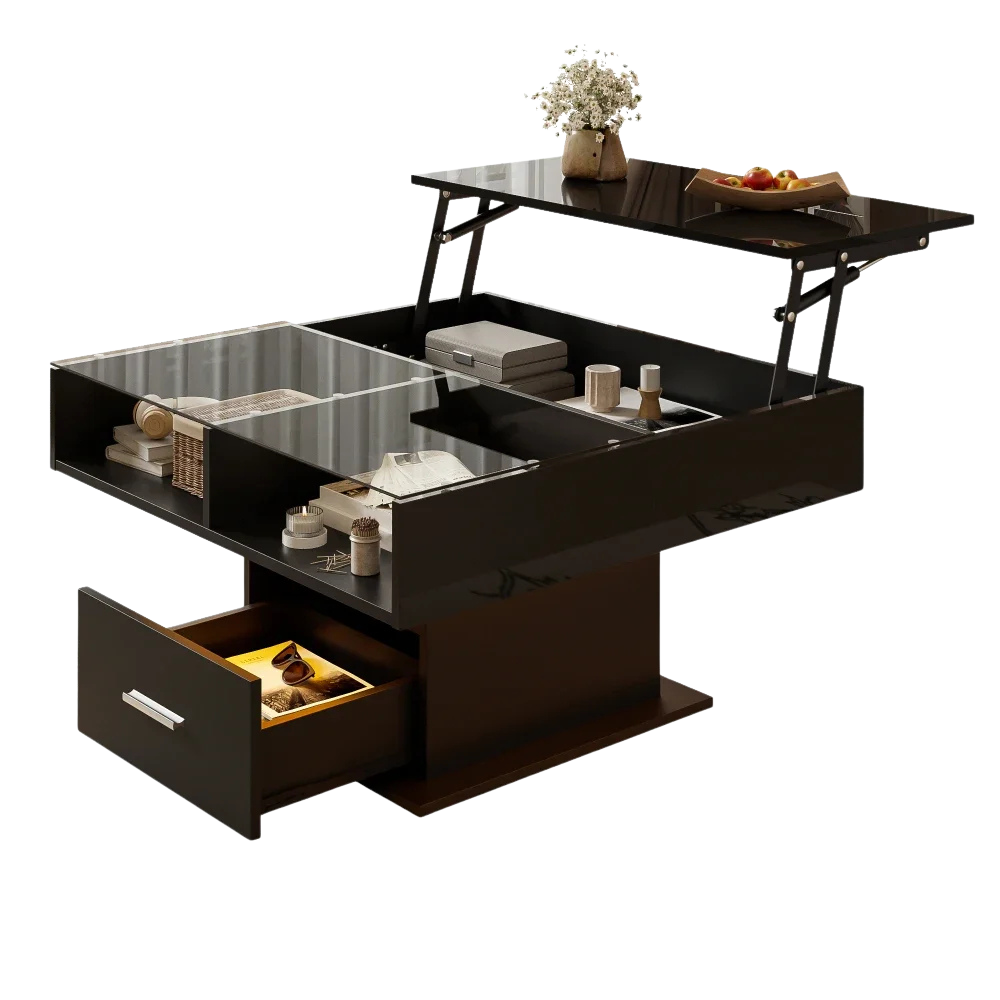 Table basse relevable avec LED et rangement