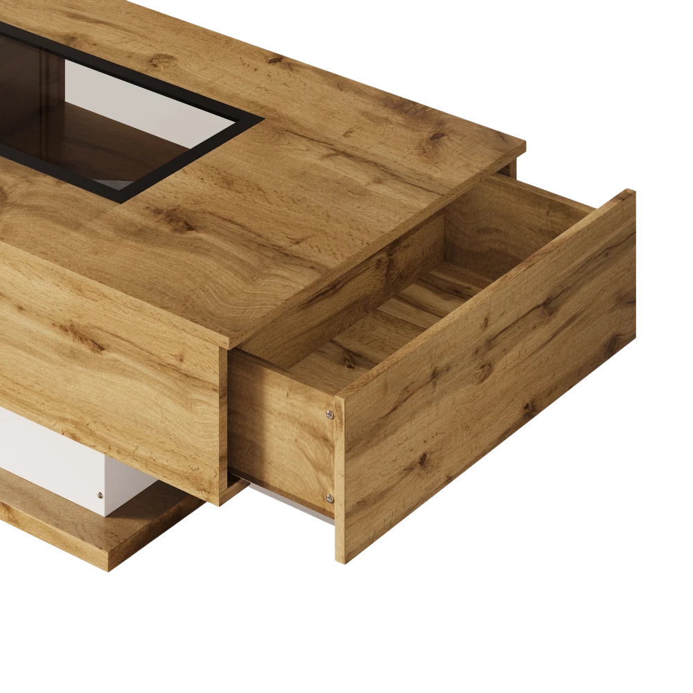 Table basse bois et verre moderne avec LED et rangements