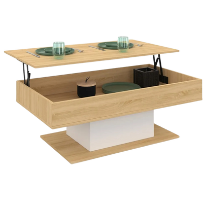 Table basse relevable rectangulaire bois et blanc design