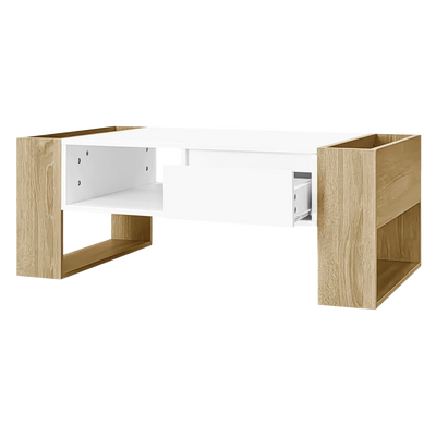 Table basse rectangulaire blanche et bois avec rangement