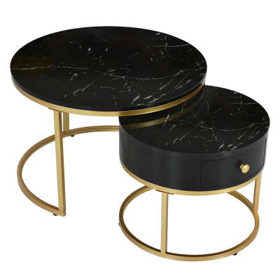 Table basse ronde gigogne effet marbre design noir