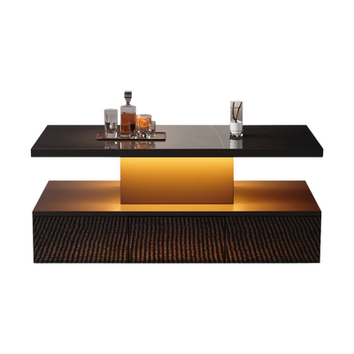 Table basse rectangulaire noire à double plateau avec LED et rangement