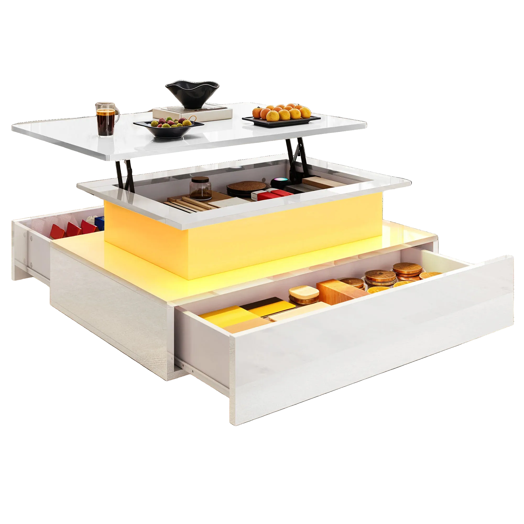 Table basse relevable moderne avec LED et tiroirs