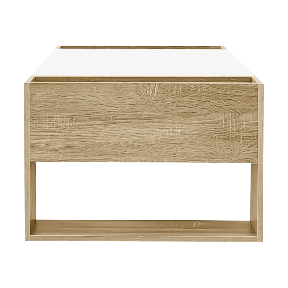 Table basse rectangulaire blanche et bois avec rangement