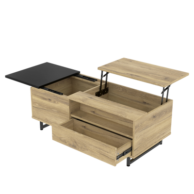 Table basse plateau relevable bois avec plateau coulissant et LED