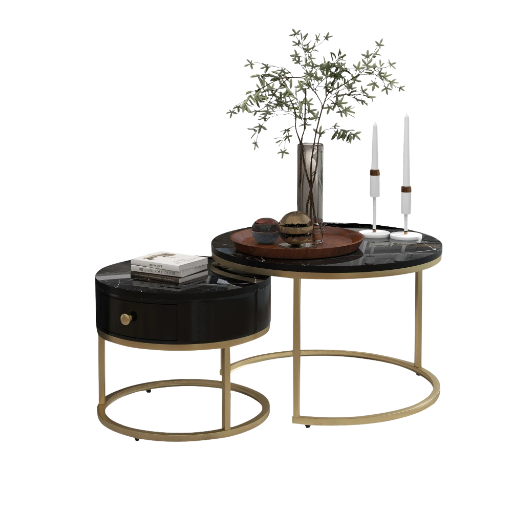 Table basse ronde gigogne effet marbre design noir