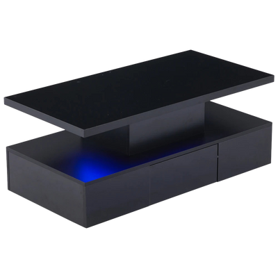 Table basse rectangulaire noire à double plateau avec LED et rangement