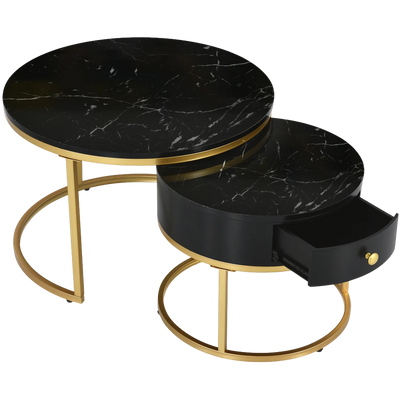 Table basse ronde gigogne effet marbre design noir
