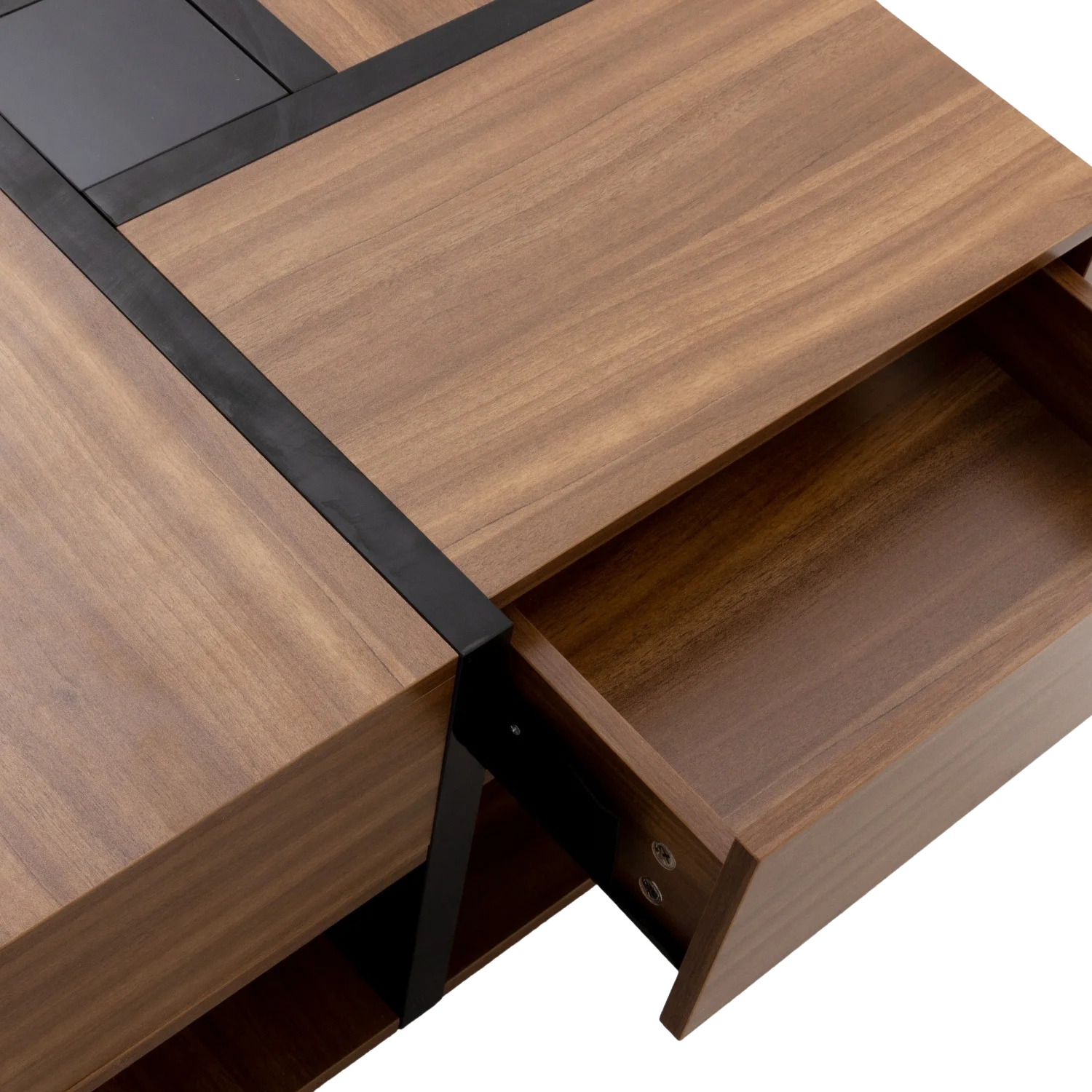 Table basse carrée bois et noir avec tiroirs de rangement