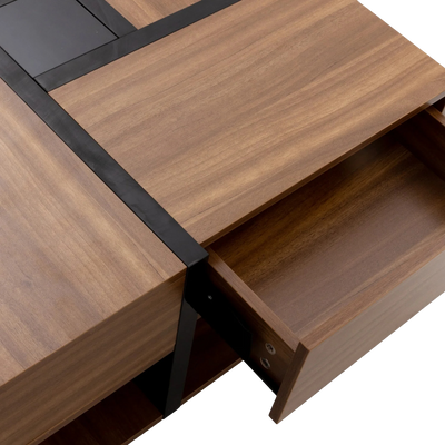 Table basse carrée bois et noir avec tiroirs de rangement