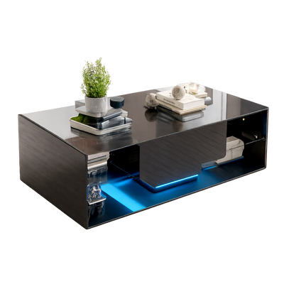 Table basse noire avec étagères en verre et éclairage LED