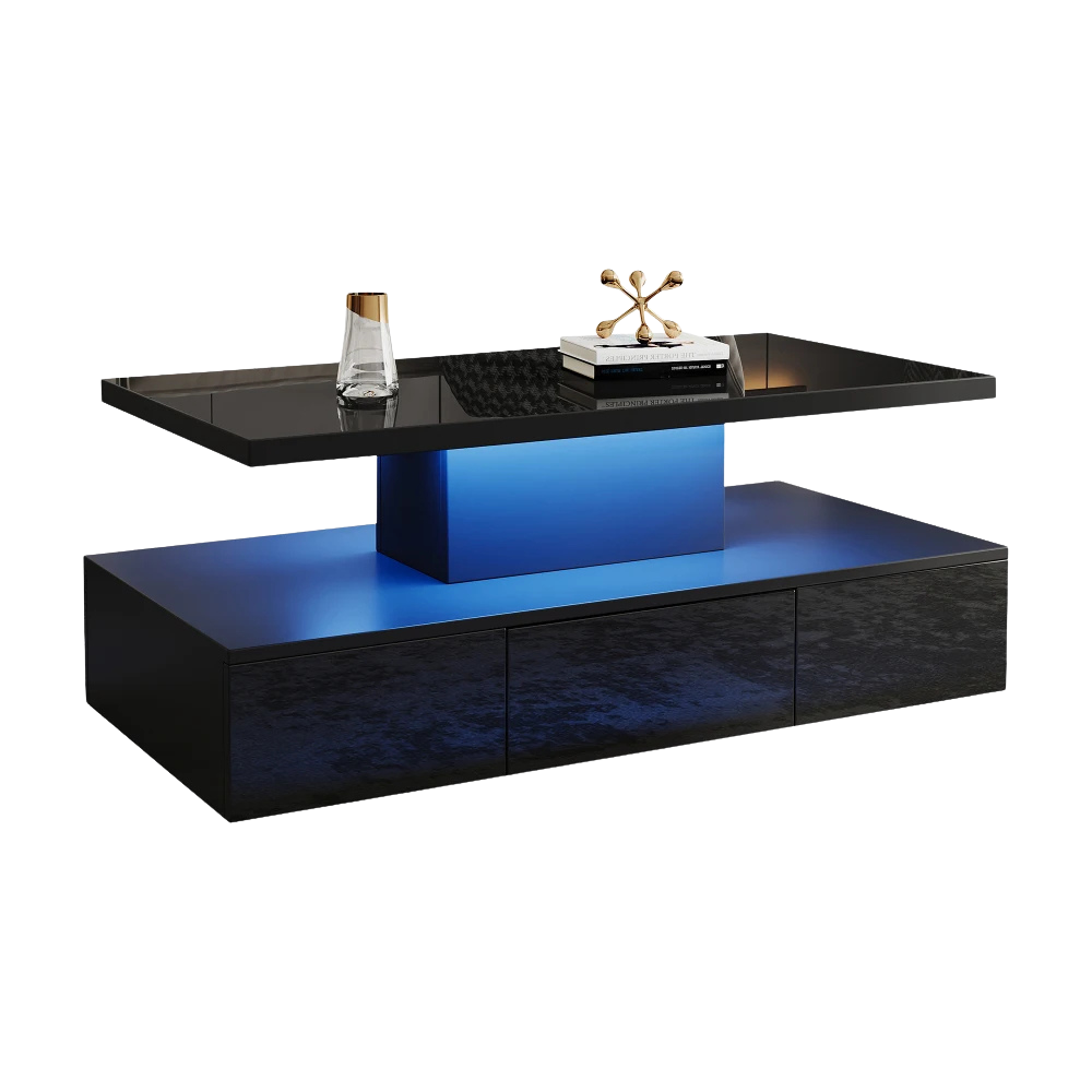 Table basse rectangulaire noire à double plateau avec LED et rangement