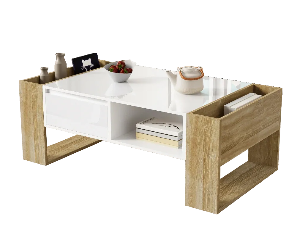 Table basse rectangulaire blanche et bois avec rangement