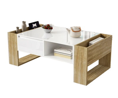 Table basse rectangulaire blanche et bois avec rangement