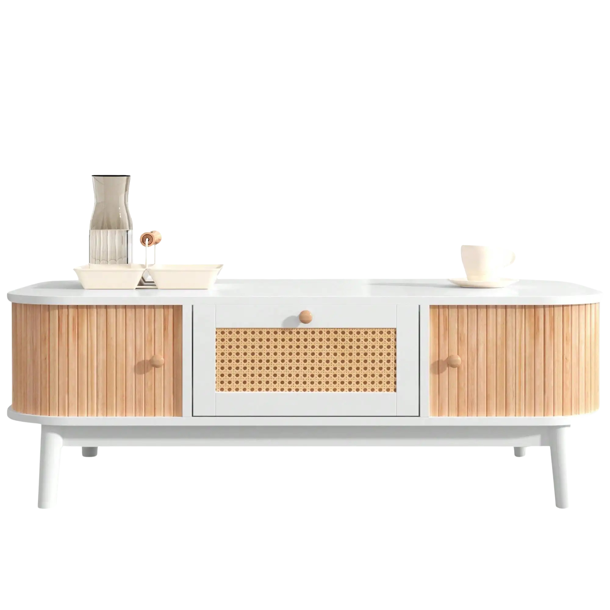 Table basse en bois et rotin avec rangements