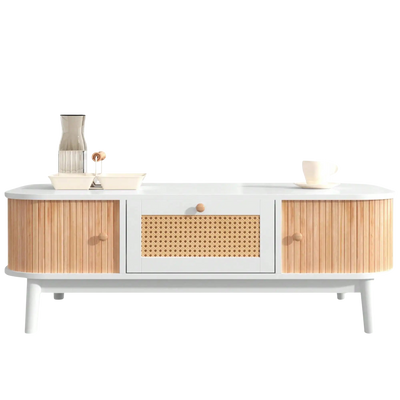 Table basse en bois et rotin avec rangements