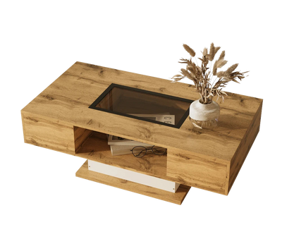 Table basse bois et verre moderne avec LED et rangements