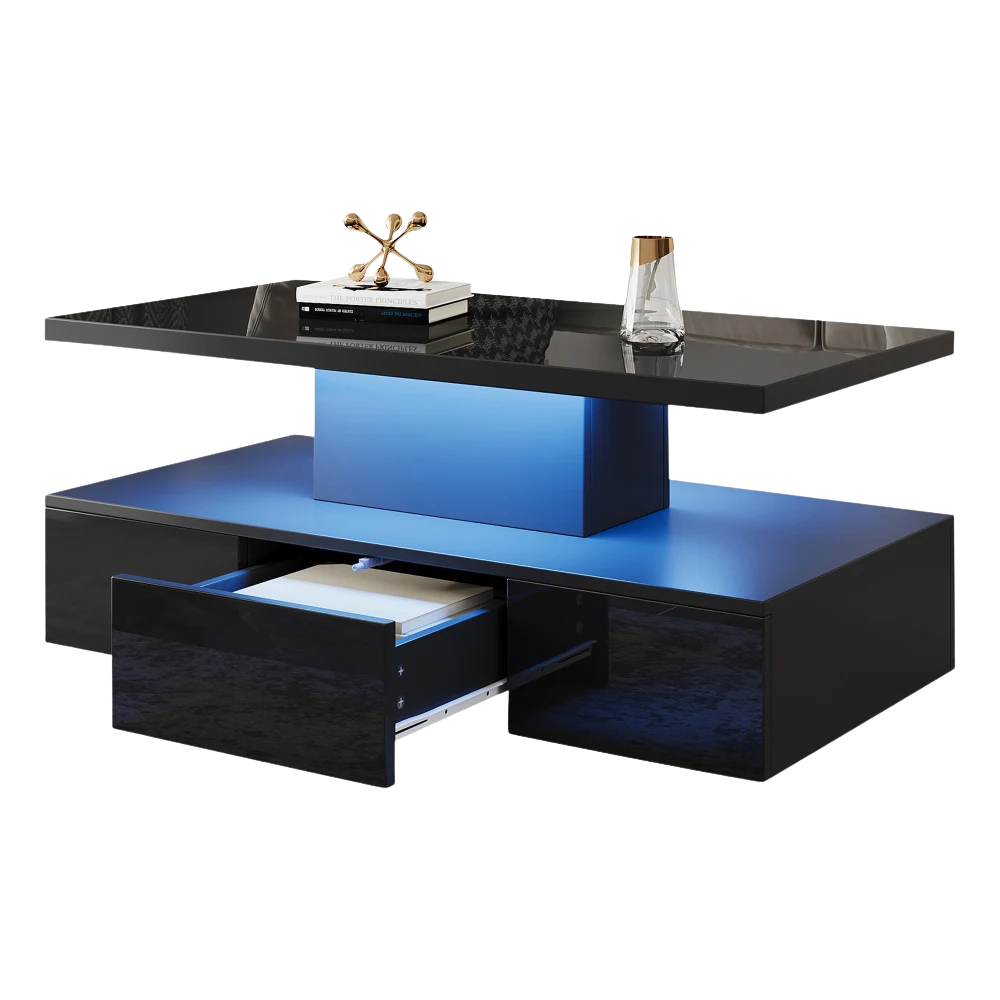 Table basse rectangulaire noire à double plateau avec LED et rangement