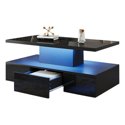 Table basse rectangulaire noire à double plateau avec LED et rangement