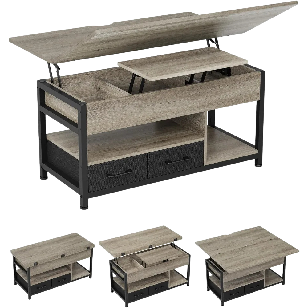 Table basse relevable extensible grise avec rangements