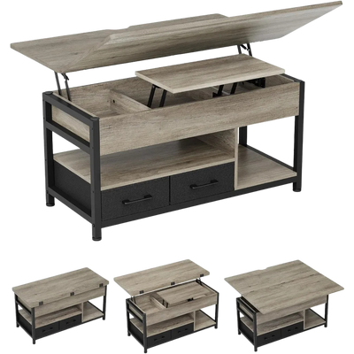 Table basse relevable extensible grise avec rangements