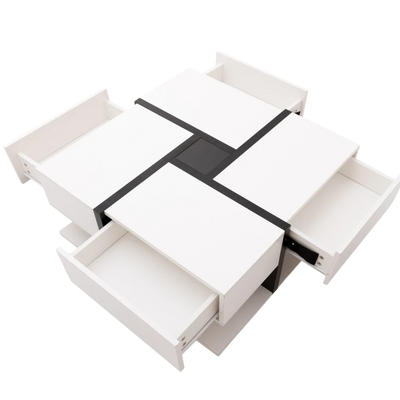 Table basse carrée moderne noire et blanche avec rangements