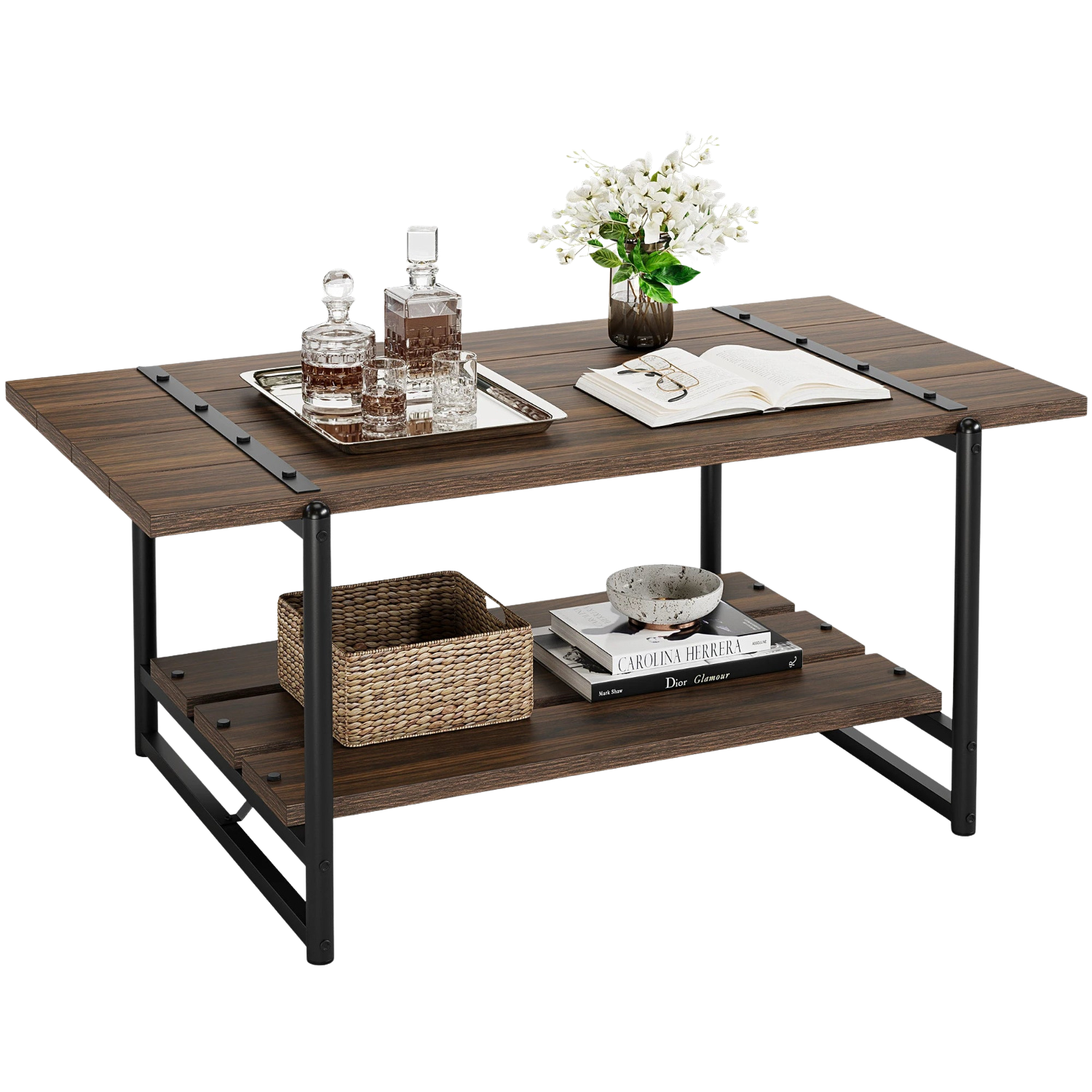 Table basse rectangulaire au style industriel noyer