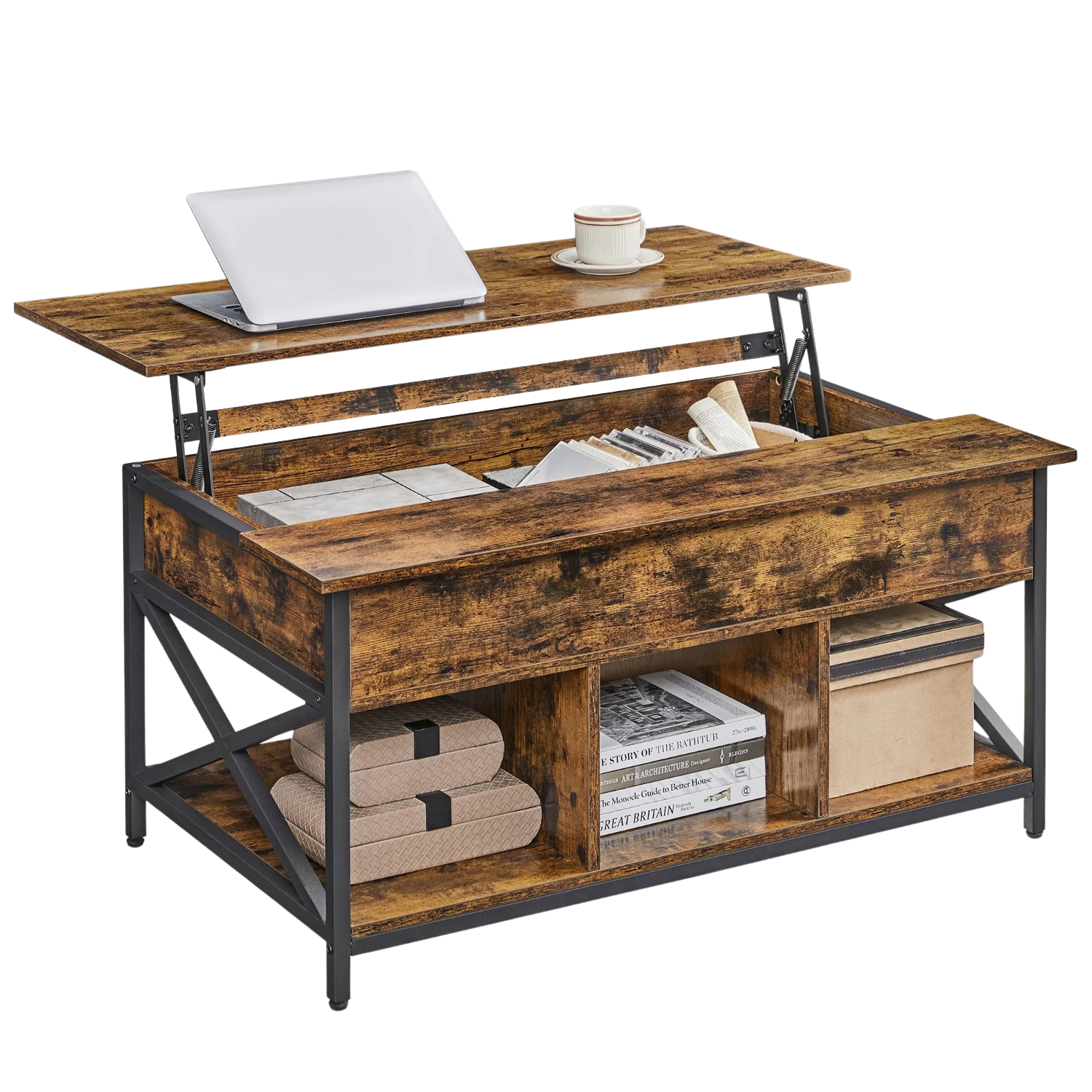 Table basse relevable bois et métal avec rangement