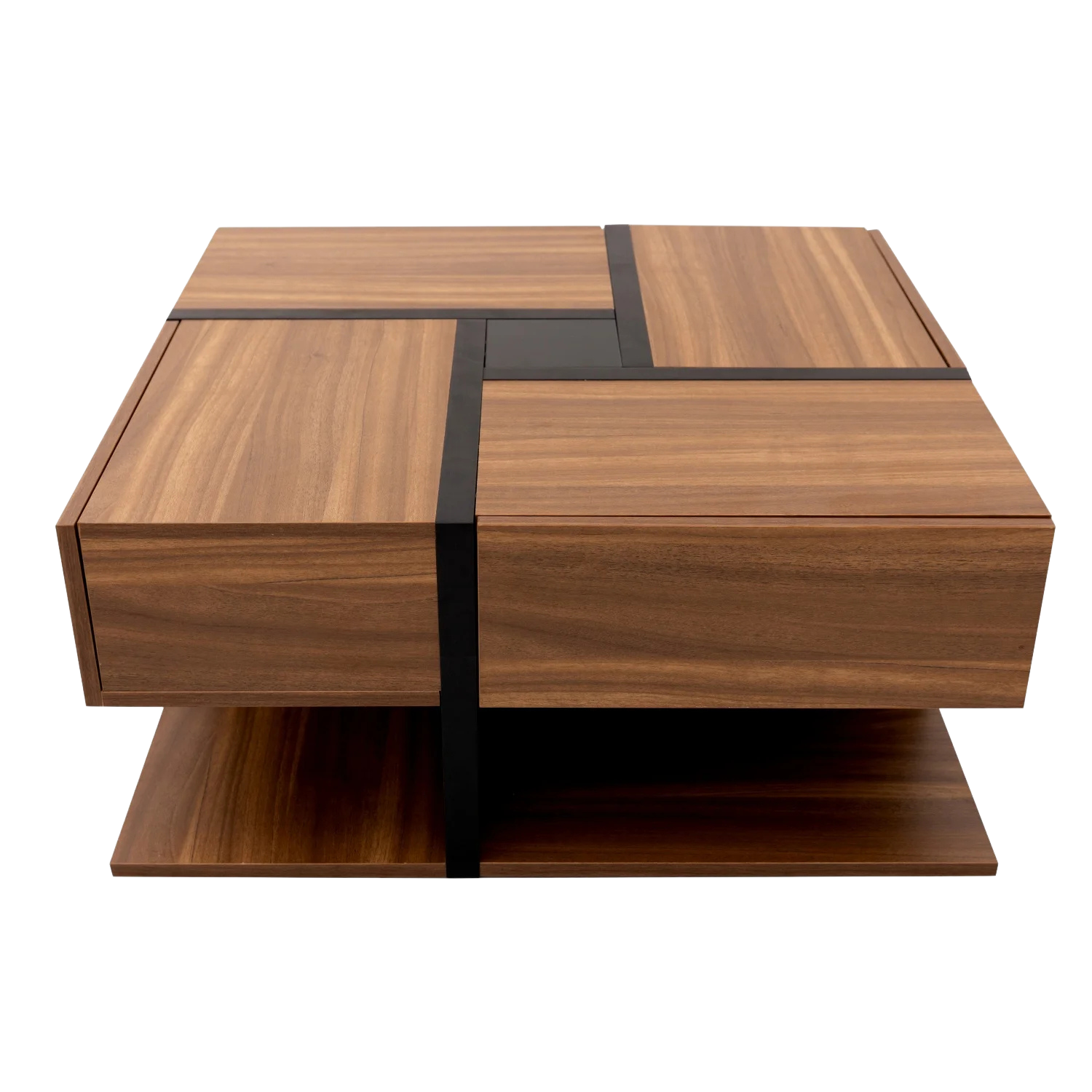 Table basse carrée bois et noir avec tiroirs de rangement