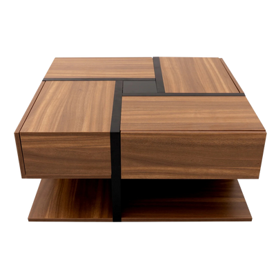 Table basse carrée bois et noir avec tiroirs de rangement