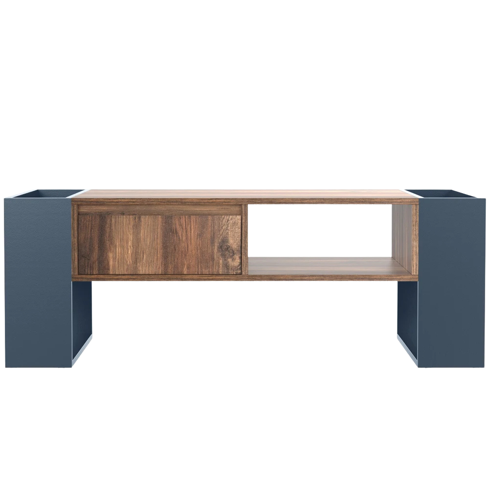 Table basse moderne bois et bleu profond avec rangement