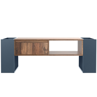 Table basse moderne bois et bleu profond avec rangement