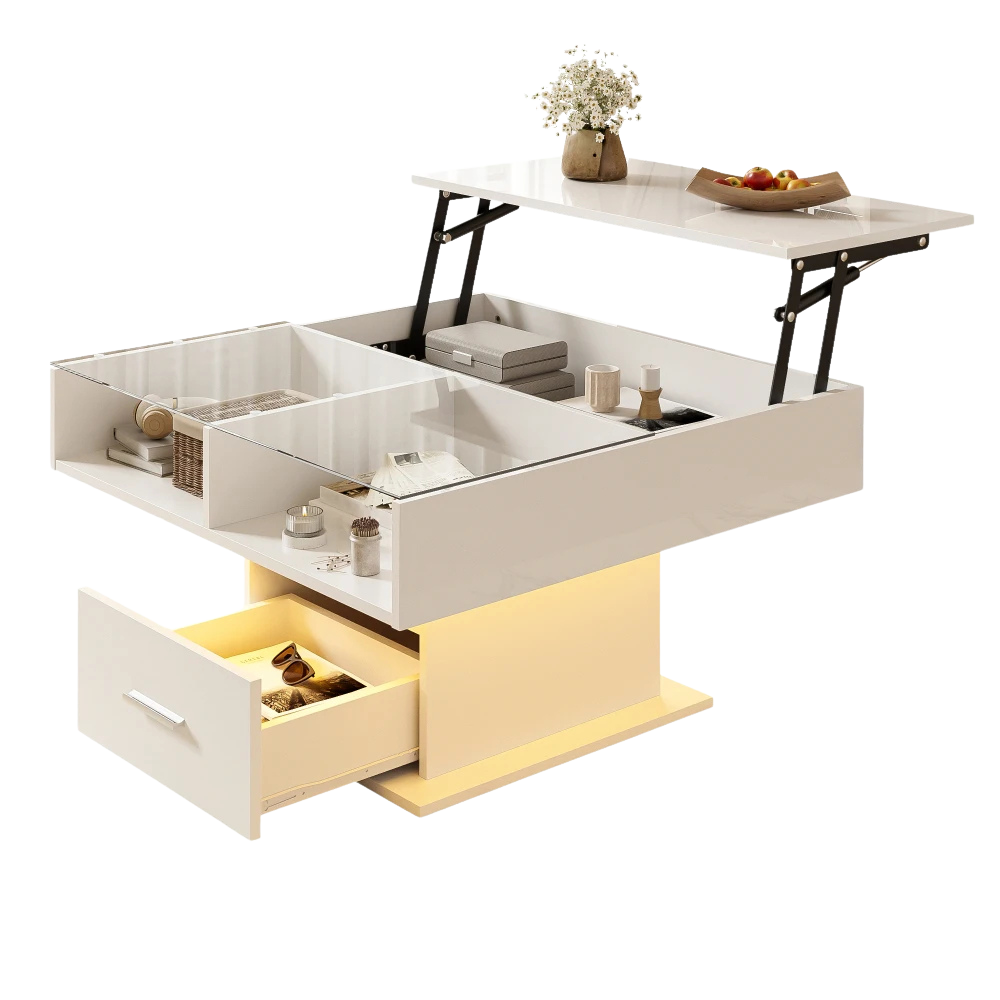 Table basse relevable avec LED et rangement