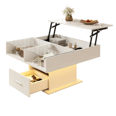 Table basse relevable avec LED et rangement