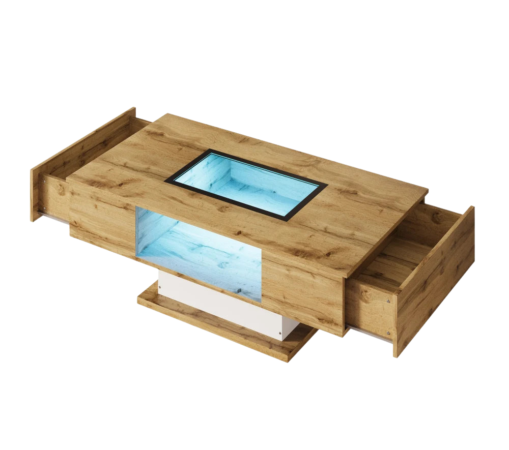 Table basse bois et verre moderne avec LED et rangements