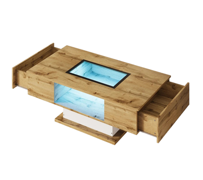 Table basse bois et verre moderne avec LED et rangements