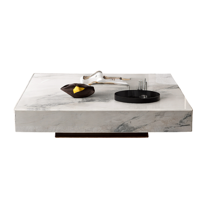 Table basse carrée effet marbre avec plateau en verre trempé