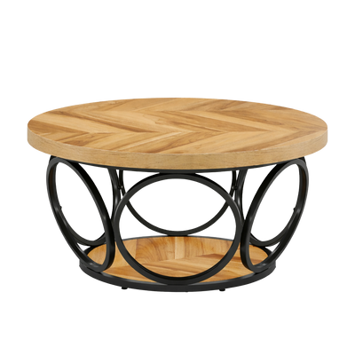 Table basse ronde bois avec rangement à 2 niveaux au style rustique