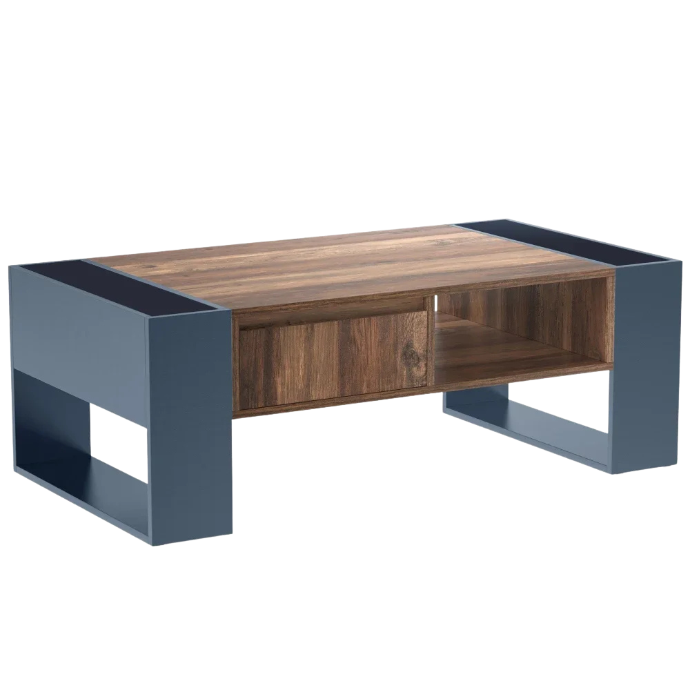 Table basse moderne bois et bleu profond avec rangement