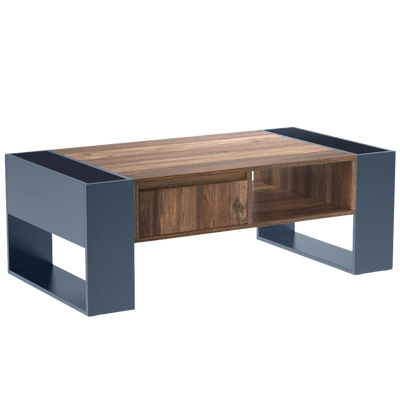 Table basse moderne bois et bleu profond avec rangement