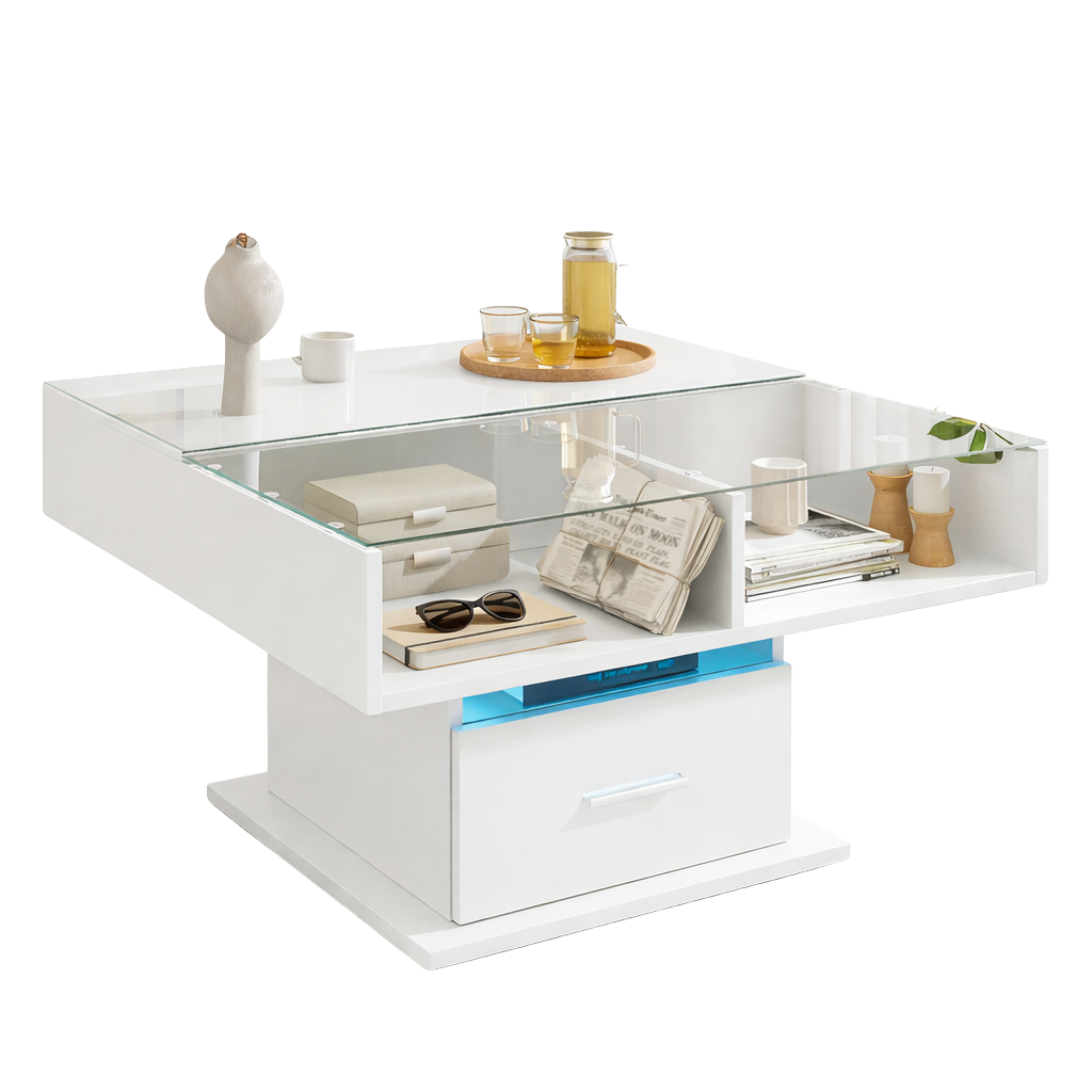 Table basse relevable extensible avec vitrine et LED