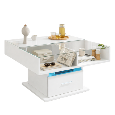 Table basse relevable extensible avec vitrine et LED