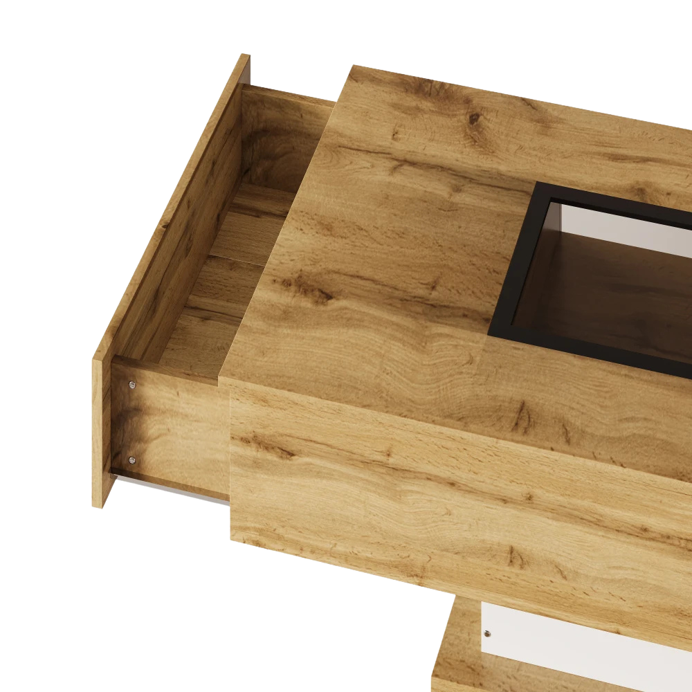 Table basse bois et verre moderne avec LED et rangements