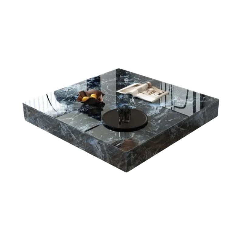 Table basse carrée effet marbre avec plateau en verre trempé